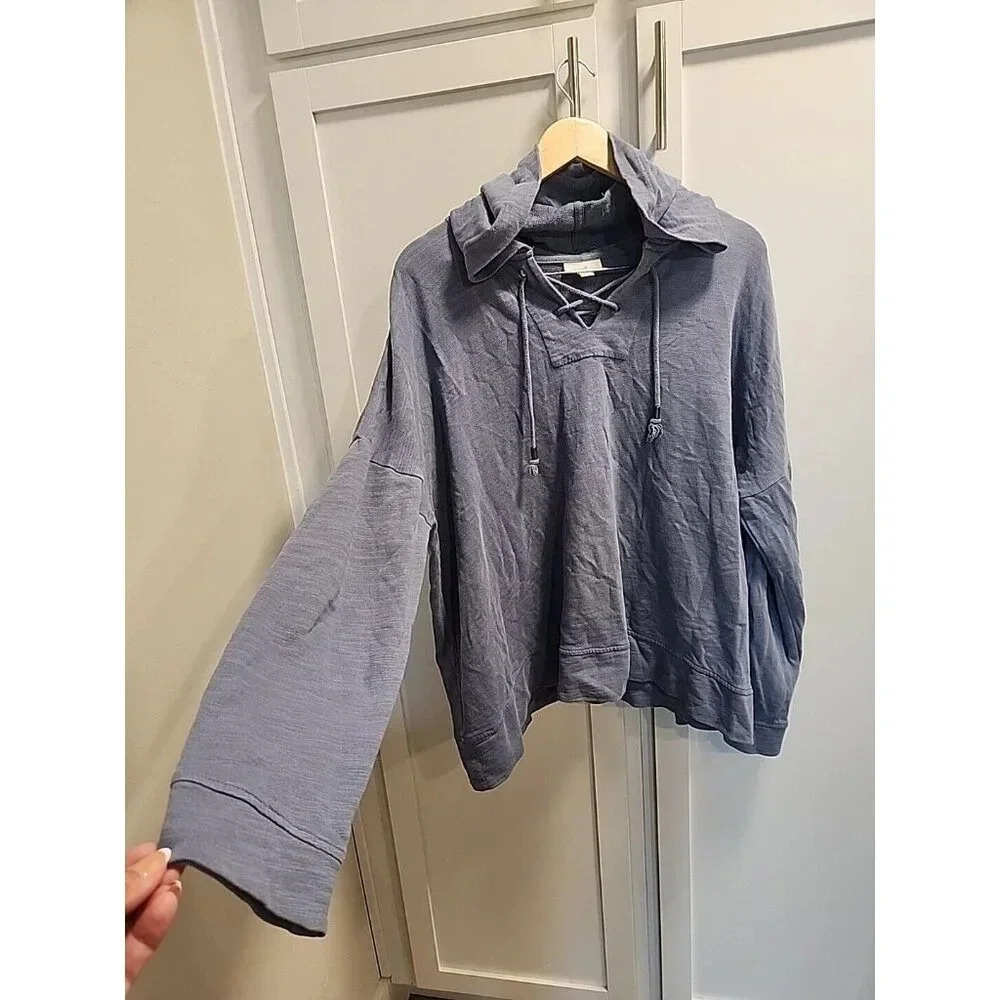 J. Jill Lace Up Long Sleeve Pullover Hoodie Blue Sz XL Terry Oversized Cotton